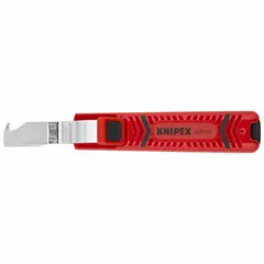 Hooked-blade wire-stripping knife with stainless steel blade and plastic cushion-grip handle. Overall length 6 1/2 in. Strips cable insulation from 6 to 8 in. Replaceable blade design for extended service life.
