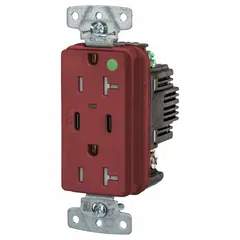 Hospital-grade duplex receptacle rated 125V AC, 20A with 5-20R configuration. Features two USB ports (Type A and Type C) for device charging. Red housing. Suitable for healthcare and commercial environments requiring reliable power and charging.