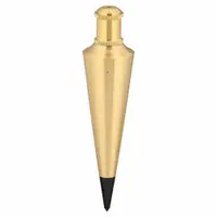 This brass plumb bob weighs 8 oz and features inch measurements. The brass plated finish provides corrosion resistance. It is used in construction and surveying to establish a true vertical reference line for aligning walls, columns, and foundations