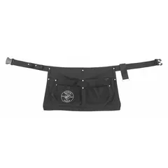 Unpadded tool apron with six pockets for organizing and carrying tools. Adjustable waist fits 32 to 46 inches. Black belt suitable for electrical work and other tasks requiring accessible tool storage.