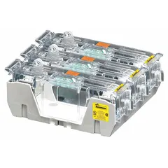 This 3-pole open-block fuse block is rated for 250 V AC and accepts UL Class H and K cartridge fuses. It features box lug terminals and a non-indicating design. Typical applications include industrial control panels, motor circuits, and distribution equipment requiring overcurrent protection.