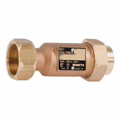 Watts Backflow Preventer: LF7, 1 1/4 in Pipe Size, Male Meter Swivel x FNPT, 33 gpm Flow Rate - Potable Water Dual Check Backflow Preventers