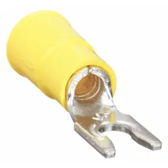 Vinyl-insulated locking fork terminal from the TH Series with funnel barrel. Rated 1,000 V, for #6 stud size and 12 AWG to 10 AWG wire range. Used in control panels, motor connections, and electrical distribution systems.