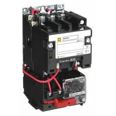 Non-reversing magnetic motor starter for three-phase motors. NEMA Size 1, 27 A, 3 poles, 220/240V AC coil. Electronic overload protection eliminates need for thermal units. Screw clamp terminals. Suitable for starting and stopping motors in conveyors, pumps, and compressors.