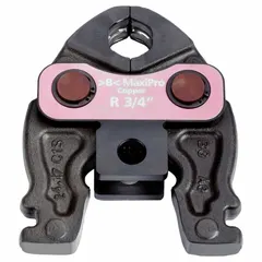 This press jaw is designed for use with MaxiPro compact press tools to form press connections on 3/4 in copper and steel pipe. It is suitable for plumbing, HVAC, and industrial piping applications requiring leak-free joints.