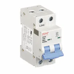 This 2-pole supplementary protector features a C-curve trip characteristic and is rated 20A at 480V AC with a maximum interrupting rating of 7.5kA. It uses screw clamp terminals and is designed for DIN rail mounting. Typical applications include overcurrent and short-circuit protection in industrial control panels, HVAC equipment, and machinery where UL1077-listed supplementary protection is required.