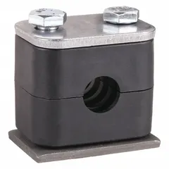 Steel clamp with polypropylene cushion designed to secure and dampen vibration in a single hydraulic or pneumatic line. The ribbed bore enhances grip and reduces noise and wear. Suitable for industrial machinery and fluid power systems.