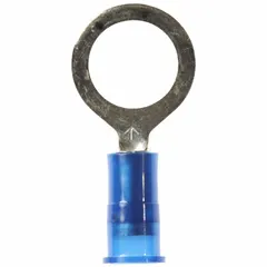 Nylon-insulated ring terminal rated for 1000 V, accepting 16 AWG to 14 AWG wire with a 3/8 in stud size. Used for secure electrical connections in control panels, machinery, and power distribution systems.