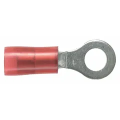 Nylon-insulated ring terminal for #10 stud size, accepting 22 AWG to 18 AWG wire. Rated 600 V. Used for secure, vibration-resistant terminations in control panels and power distribution.