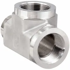 This pipe tee is a high-pressure precision fitting with a 1 1/2 in run x 1 1/2 in run x 1 1/2 in branch configuration. Made from 316 stainless steel, it is suitable for splitting or combining fluid flow in piping systems. Rated for 1,500 psi, it is used in industrial applications requiring corrosion resistance.