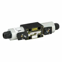 Solenoid-operated directional control valve, D03 NFPA size, three positions, 24V DC. Used to direct hydraulic fluid flow in industrial machinery such as machine tools and automation systems.