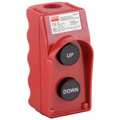 This push-button pendant features a plastic enclosure rated NEMA 1/3/3R/4/4X, with two momentary push buttons labeled Up/Down. It has a 2NO contact configuration, AC contact rating of 10 A at 600 V, and DC contact rating of 5 A at 600 V. Suitable for remote control of cranes, hoists, and industrial machinery in factory or outdoor environments.