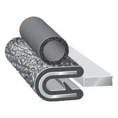 General-purpose edge trim seal with a rounded profile, PVC outer, and EPDM bulb. Leg length 3/8 in, overall length 100 ft. Color black. Meets FAA/FAR 23.853 standards. Used for sealing and protecting edges on panels, hatches, and doors.
