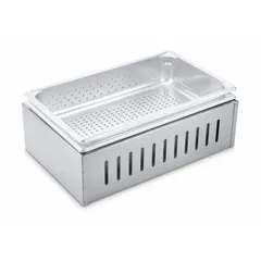 This stainless steel steam pan adapter is a removable cooking surface designed to hold standard steam pans securely over heat sources. With an overall width of 21 inches and depth of 13 inches, it provides a sanitary support surface for foodservice operations.