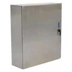 This 304 stainless steel enclosure measures 24 x 26 x 8 inches and features a solid cover. Rated NEMA 12/13/3R/4/4X, it is suitable for protecting electrical controls, instruments, and terminals in indoor and outdoor environments where resistance to corrosion, dust, and water is required. No knockouts are included.