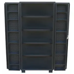Assembled steel cabinet with 16 adjustable shelves and a deep box design. Black powder-coated finish with a paddle handle. Suitable for organizing tools, parts, and supplies in industrial and warehouse environments.