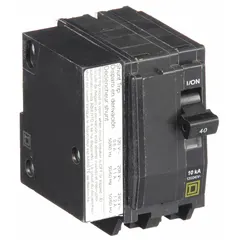 Plug-in miniature circuit breaker for overcurrent protection in branch circuits. Rated 40 A, 120/240V AC, single phase, with a maximum interrupting rating of 10 kA at 120/240V AC. Two-pole design for use in QO Load Centers and NQ Panelboards.