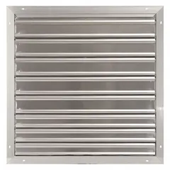 This single-panel backdraft damper is designed for vertical wall mounting in exhaust systems. It features flat blades that allow horizontal airflow at up to 2500 fpm while preventing reverse flow when the fan is off. Suitable for use with a 30-inch fan in industrial ventilation applications.