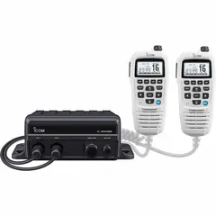 Analog VHF marine radio with DSC, 25 W output, 70 channels, alphanumeric display, GPS, and IPX7 waterproof rating. Designed for vessel communication in limited helm spaces. Black/white color.