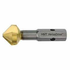 This 82° countersink is made of TiN coated high speed steel with a 3/4 in body diameter and 3 flutes. Designed for impact-rated applications, it creates chamfered holes for flush fastener seating in metal and wood. The TiN coating reduces friction and extends tool life.