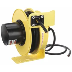 Hardwired self-retracting cord reel with 30 ft of 14 AWG SOOW cable terminating in bare wire for direct connection. Rated for 600V AC and equipped with a ratchet lock mechanism to hold the cord at any desired length. Suitable for use in workshops, manufacturing plants, and maintenance facilities where a retractable power extension is needed.