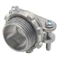 Threaded metal connector for securing and grounding metal conduit to electrical boxes and enclosures. Made of die-cast zinc with a silver finish. Overall length of 1 3/4 inches.