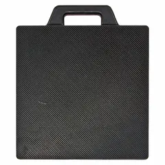 Rubber outrigger pad measuring 24 inches by 24 inches by 2 inches thick. Used under crane or aerial lift outriggers to distribute load weight and prevent sinking into soft ground. Protects asphalt and concrete surfaces from damage during heavy lifting operations.