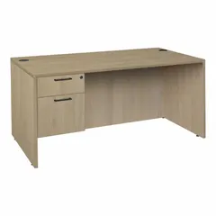 This double pedestal desk from REGENCY features a Noble Oak frame and Oak desktop, both constructed from particle board. It includes one pedestal with two drawers and a modesty panel. Suitable for office or home workspace use, providing a clean work surface and practical storage for daily administrative tasks.
