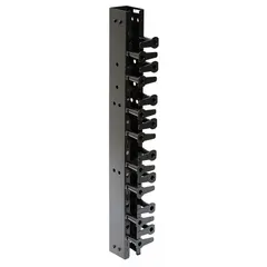 Steel vertical cable management cabinet in black finish. Includes (2) C channels for cable routing. Overall height 7 ft, depth 11 in, width 3 1/4 in. Used for organizing and routing cabling in network racks and data centers.