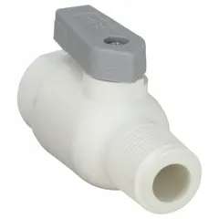 This Parker ball valve features a polypropylene body, straight full-port design, and 3/8 in Push x MNPT end connections. It is NSF 51 compliant, making it suitable for potable water and food-contact applications. The lever handle provides manual flow control in polypropylene piping systems.