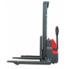 Electric straddle stacker with hydraulic lift mechanism. Adjustable forks 45 5/16 in long by 3 7/8 in wide, width across forks adjustable from 10 in to 31 in. Maximum lifting height 114 in. Used for lifting and moving palletized loads in warehouses and distribution centers.