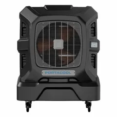 This portable evaporative cooler is designed for cooling large spaces up to 2000 sq ft. It operates on 120V AC with a 5-15P plug and features variable speed control. Dimensions are 68 in x 54 in x 30 in. Suitable for industrial or commercial environments where traditional air conditioning is not feasible.