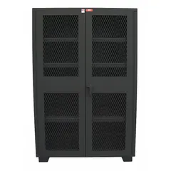 This JAMCO ventilated shelf cabinet is assembled on legs and features a black body with ventilated panels for airflow. It includes four adjustable shelves and a swing handle with padlock hasp for secure storage. Typical applications include storing tools, parts, and equipment in industrial environments where ventilation is beneficial.