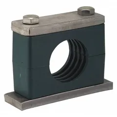 This beta clamp features a 304 stainless steel clamp with a polypropylene cushion. The ribbed bore design provides enhanced grip and vibration dampening. It is used to secure pipes, tubes, and hoses in industrial systems where reducing vibration and noise is required.