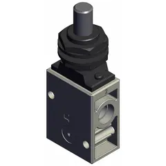 Plunger-actuated manual air control valve with 2 ports and 1/4 in NPT connections. Maximum operating pressure of 1 MPa. Used in pneumatic systems for selecting the higher of two input pressures, common in industrial automation and material handling applications.