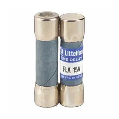 Midget time-delay fuse rated 15 A at 125 V AC, with dimensions 13/32 in x 1 1/2 in. Features an indicating function for visual blown-fuse detection. Suitable for overcurrent protection in control panels, HVAC equipment, and motor circuits.