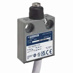 Top-mount roller-plunger limit switch with a metallic steel housing and pre-wired cable connection. Used in industrial automation for position sensing and end-of-travel detection of moving machinery.