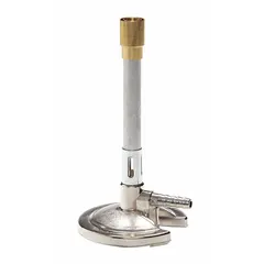 Natural gas Bunsen burner of flame stabilizer type. Provides a controlled flame with maximum output of 4,100 BTU and minimum of 800 BTU. Suitable for laboratory heating, sterilizing, or testing applications requiring stable, adjustable heat.