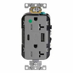 This hospital-grade duplex receptacle from LEVITON provides a 125V AC, 20 A NEMA 5-20R outlet and one USB charging port (Type A/C). Designed for use in healthcare and other demanding environments where reliable power and device charging are required.