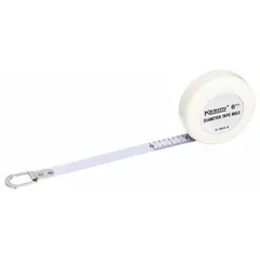White plastic diameter-scale tape measure with a loop tip. Double-sided with SAE/Diameter markings in inches. Nonlocking mechanism. Used for direct measurement of outside diameter of cylindrical objects such as pipes, shafts, and tanks.