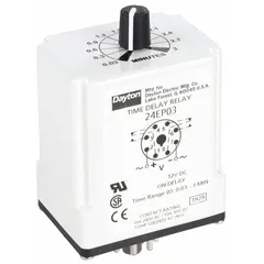 This Dayton socket-mounted time delay relay provides an on-delay function, energizing its output after a preset time once power is applied. Rated for 12V DC coil voltage and 10A contact current, it features 8 pins/terminals for socket mounting. Commonly used in industrial automation for delaying equipment start-up, such as in conveyor systems, HVAC controls, and pump sequencing to prevent simultaneous motor starts and reduce inrush current.