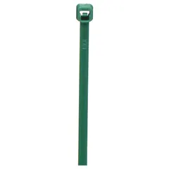Green cable tie for bundling and securing wires, cables, or hoses. Nominal length 8 in, width 0.19 in, maximum bundle diameter 1 15/16 in. Suitable for outdoor use. Pack of 100.