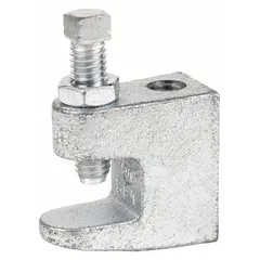 This C-clamp style beam clamp is constructed from electro-galvanized cast iron and designed for use with 3/8 in threaded rod. It supports a load capacity of 500 lb and is used to secure threaded rod to steel beam flanges for hanging conduit, piping, or cable trays in commercial and industrial installations.