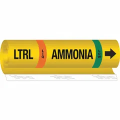 Wrap-around pipe marker for ammonia piping systems. Identifies LIQ-phase, low-pressure lines per IIAR standards. Fits pipe outer diameters from 2-1/2 to 7-7/8 inches. Includes directional arrows. Single marker supplied.