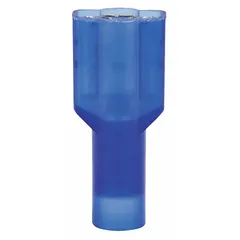 Fully insulated female quick-disconnect socket with blue nylon full coverage insulation. Accepts 16 AWG to 14 AWG wire sizes. Used for making secure, removable electrical connections in control panels, appliances, and industrial equipment.