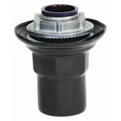 Steel hub with black PVC coating for terminating 4-inch trade size PVC-coated metal conduit. Overall length 4 7/16 inches. Provides a corrosion-resistant connection point in industrial electrical systems where conduits are exposed to moisture or chemicals.