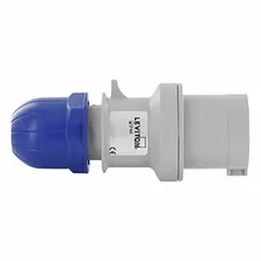 This LEVITON pin and sleeve plug is a single-phase, 32 A, 3-pole, 4-wire device rated 200/250V AC with IEC grounding. It is used for industrial power connections requiring a secure, grounded interface, such as portable equipment, generators, and temporary power distribution.