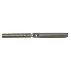 Stainless steel left-hand thread stud with 3/8"-24 thread size and 1 5/8 in thread length. Used to terminate or connect galvanized steel wire rope in rigging, lifting, and marine applications where left-hand threading prevents loosening under vibration.