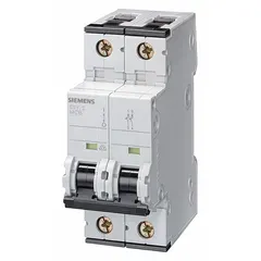 The SIEMENS 5SY42028 is a 2-pole, D-curve supplementary protector rated 2A at 400V AC and 72V DC, with a breaking capacity of 10kA at 400V AC. It features screw-clamp terminals and is UL1077 listed for DIN rail mounting. This protector is used for overload and short-circuit protection in branch circuits and equipment within industrial control panels, HVAC systems, and machinery.