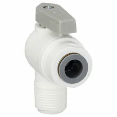 Manual two-way ball valve with a 3/8 in full port ball port. Polypropylene body, angle configuration, lever handle, and Push x MNPT connections. NSF 51 compliant for use in potable water and food processing systems where corrosion resistance is required.